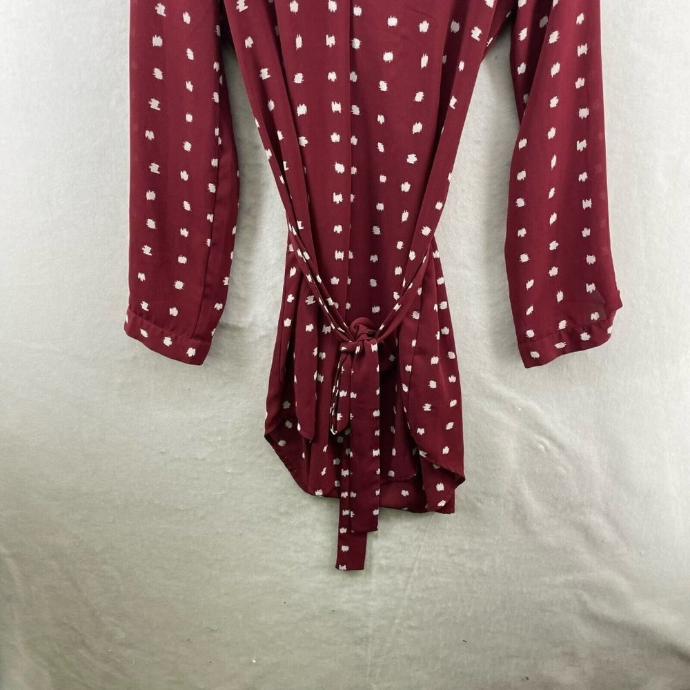 Forever21 Dress Sz M Wine Red Shift White Polka Dot V-Neck Tie Waist Long Sleeve - Picture 7 of 11
